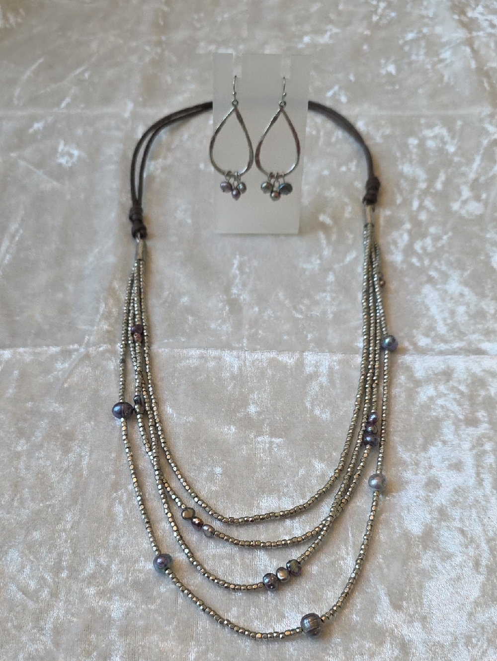 Chicos Multi-Strand Gunmetal Beaded Necklace And Earrings
